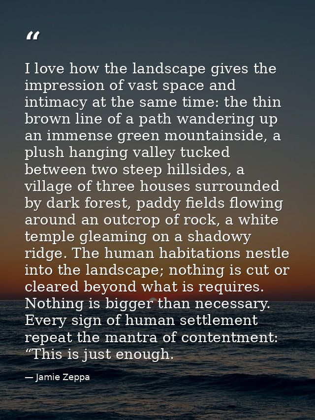 I love how the landscape gives the impression of vast space and intimacy at the same time: the thin brown line of a path — Jamie Zeppa