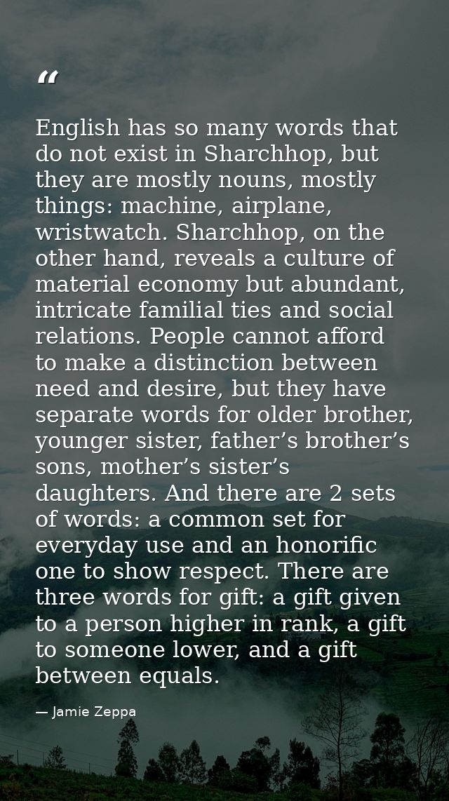 English has so many words that do not exist in Sharchhop, but they are mostly nouns, mostly things: machine, airplane, w — Jamie Zeppa