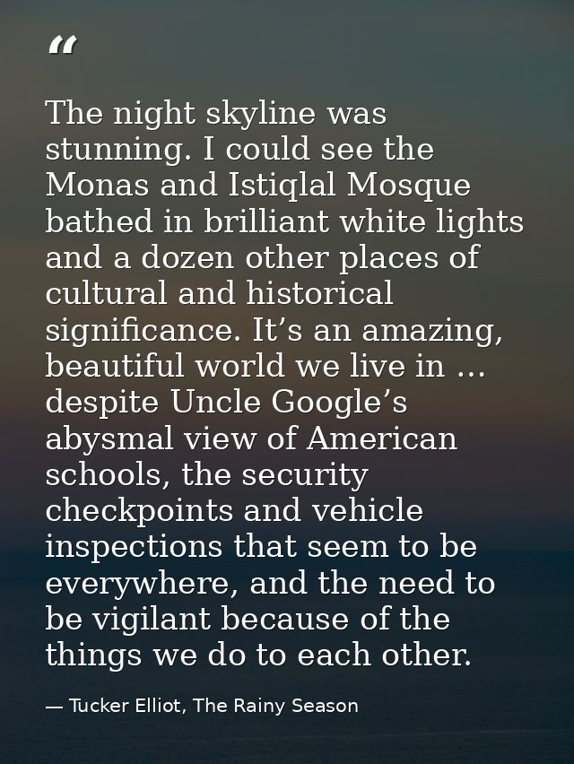 The night skyline was stunning. I could see the Monas and Istiqlal Mosque bathed in brilliant white lights and a dozen o — Tucker Elliot, The Rainy Season