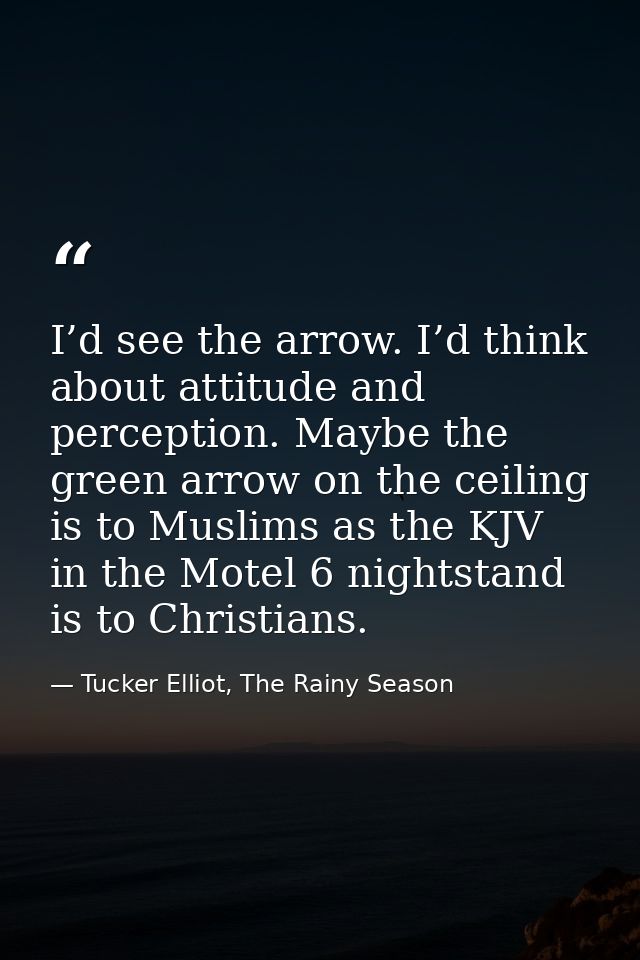 I’d see the arrow. I’d think about attitude and perception. Maybe the green arrow on the ceiling is to Muslims as the KJ — Tucker Elliot, The Rainy Season