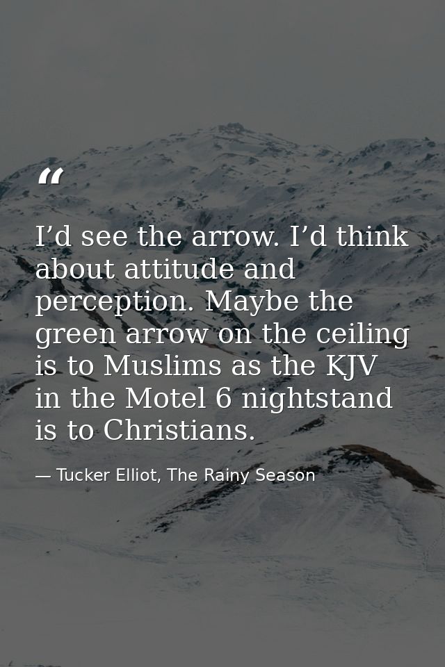 I’d see the arrow. I’d think about attitude and perception. Maybe the green arrow on the ceiling is to Muslims as the KJ — Tucker Elliot, The Rainy Season