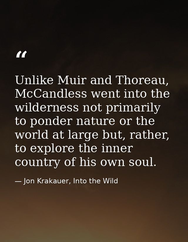 Unlike Muir and Thoreau, McCandless went into the wilderness not primarily to ponder nature or the world at large but, r — Jon Krakauer, Into the Wild