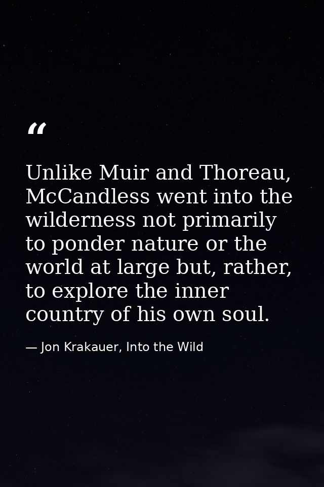 Unlike Muir and Thoreau, McCandless went into the wilderness not primarily to ponder nature or the world at large but, r — Jon Krakauer, Into the Wild
