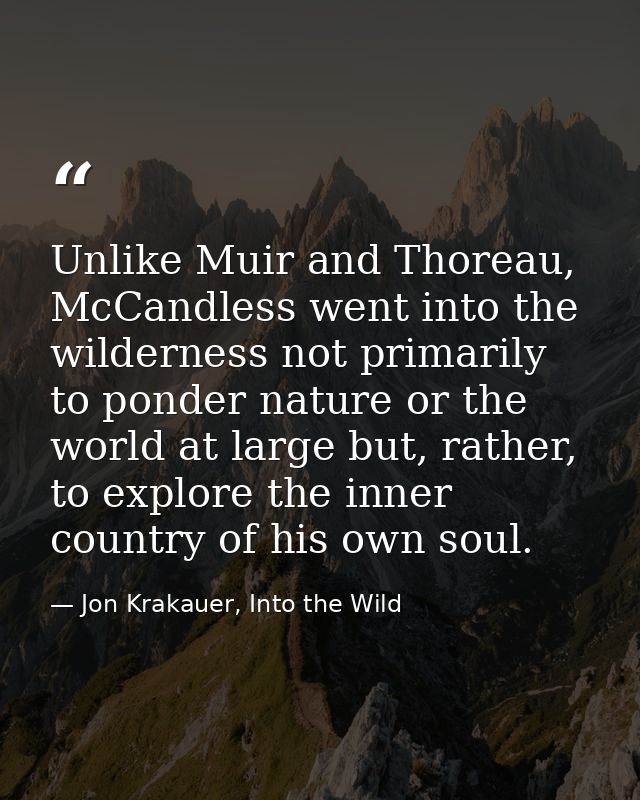 Unlike Muir and Thoreau, McCandless went into the wilderness not primarily to ponder nature or the world at large but, r — Jon Krakauer, Into the Wild