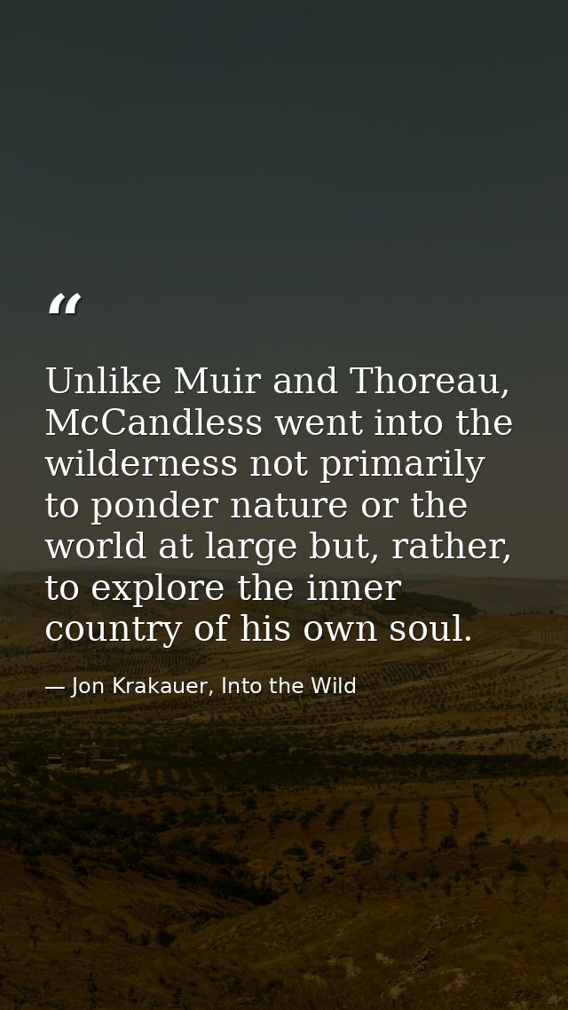 Unlike Muir and Thoreau, McCandless went into the wilderness not primarily to ponder nature or the world at large but, r — Jon Krakauer, Into the Wild