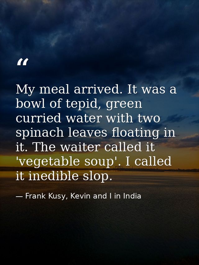 My meal arrived. It was a bowl of tepid, green curried water with two spinach leaves floating in it. The waiter called i — Frank Kusy, Kevin and I in India