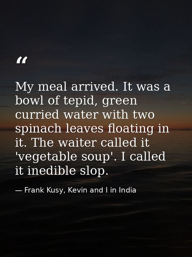 My meal arrived. It was a bowl of tepid, green curried water with two spinach leaves floating in it. The waiter called i — Frank Kusy, Kevin and I in India