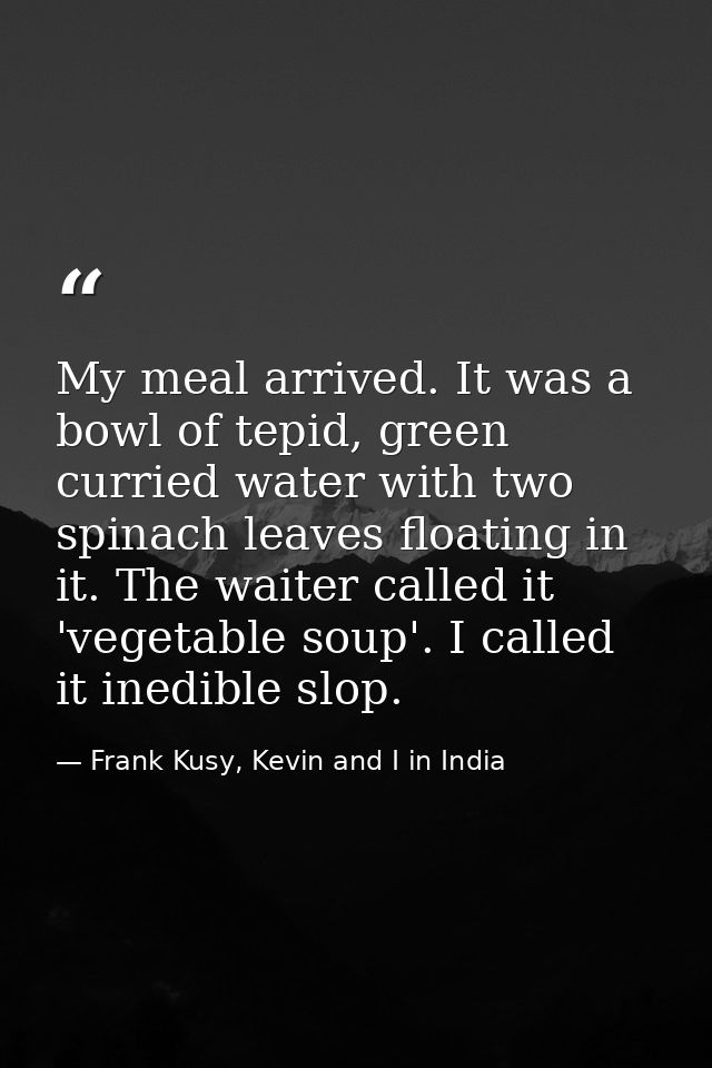 My meal arrived. It was a bowl of tepid, green curried water with two spinach leaves floating in it. The waiter called i — Frank Kusy, Kevin and I in India