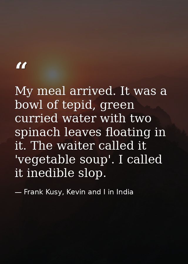 My meal arrived. It was a bowl of tepid, green curried water with two spinach leaves floating in it. The waiter called i — Frank Kusy, Kevin and I in India