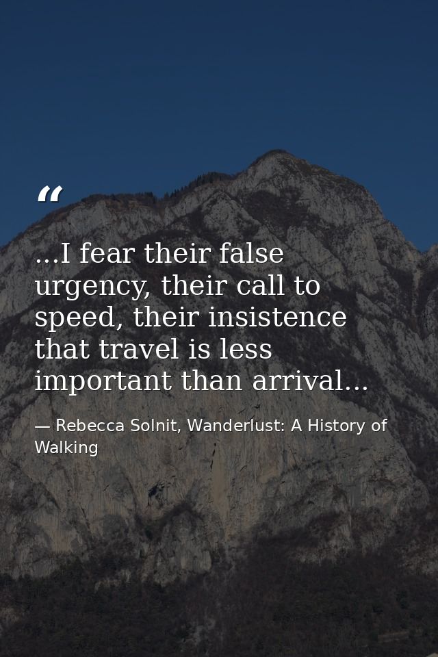 ...I fear their false urgency, their call to speed, their insistence that travel is less important than arrival... — Rebecca Solnit, Wanderlust: A History of Walking