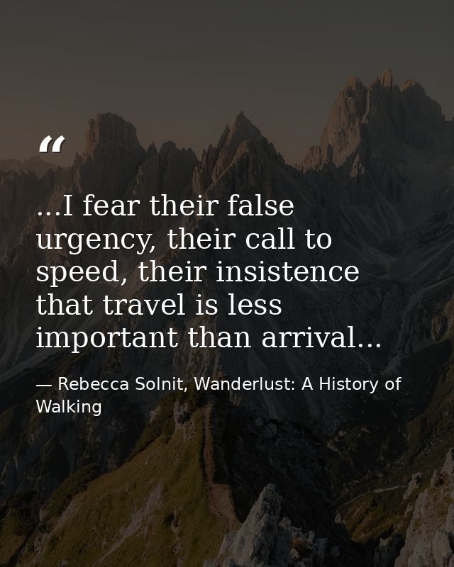 ...I fear their false urgency, their call to speed, their insistence that travel is less important than arrival... — Rebecca Solnit, Wanderlust: A History of Walking