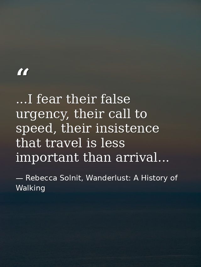 ...I fear their false urgency, their call to speed, their insistence that travel is less important than arrival... — Rebecca Solnit, Wanderlust: A History of Walking