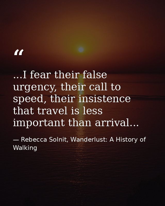 ...I fear their false urgency, their call to speed, their insistence that travel is less important than arrival... — Rebecca Solnit, Wanderlust: A History of Walking
