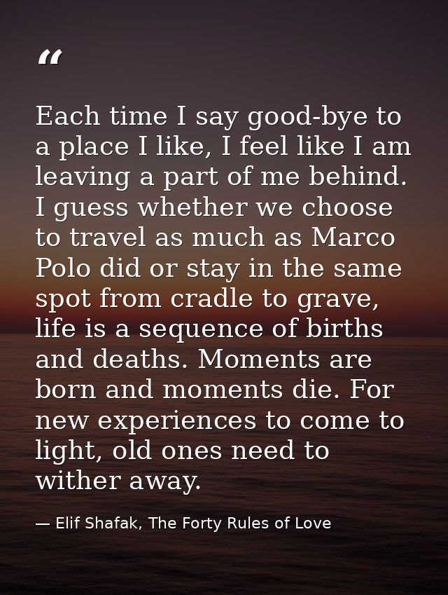 Each time I say good-bye to a place I like, I feel like I am leaving a part of me behind. I guess whether we choose to t — Elif Shafak, The Forty Rules of Love