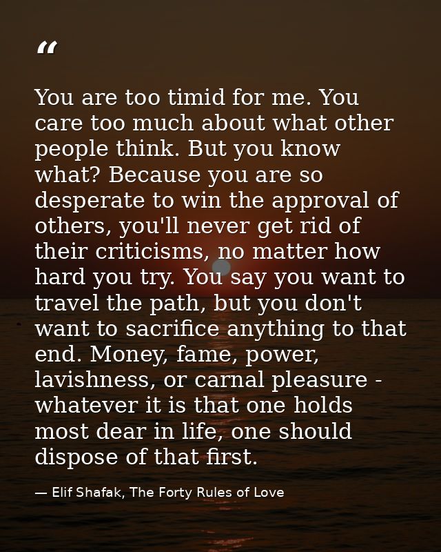 You are too timid for me. You care too much about what other people think. But you know what? Because you are so despera — Elif Shafak, The Forty Rules of Love