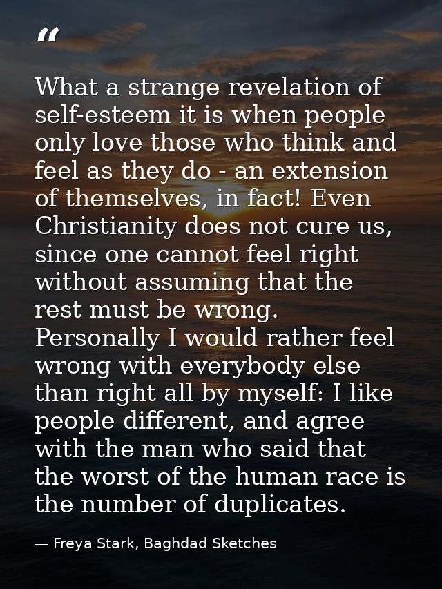 What a strange revelation of self-esteem it is when people only love those who think and feel as they do - an extension  — Freya Stark, Baghdad Sketches