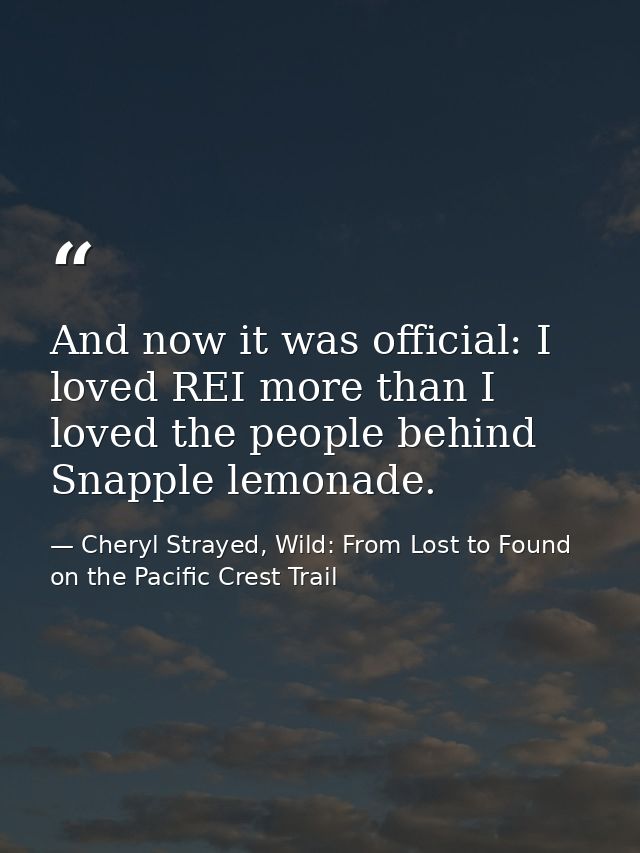 And now it was official: I loved REI more than I loved the people behind Snapple lemonade. — Cheryl Strayed, Wild: From Lost to Found on the Pacific Crest Trail