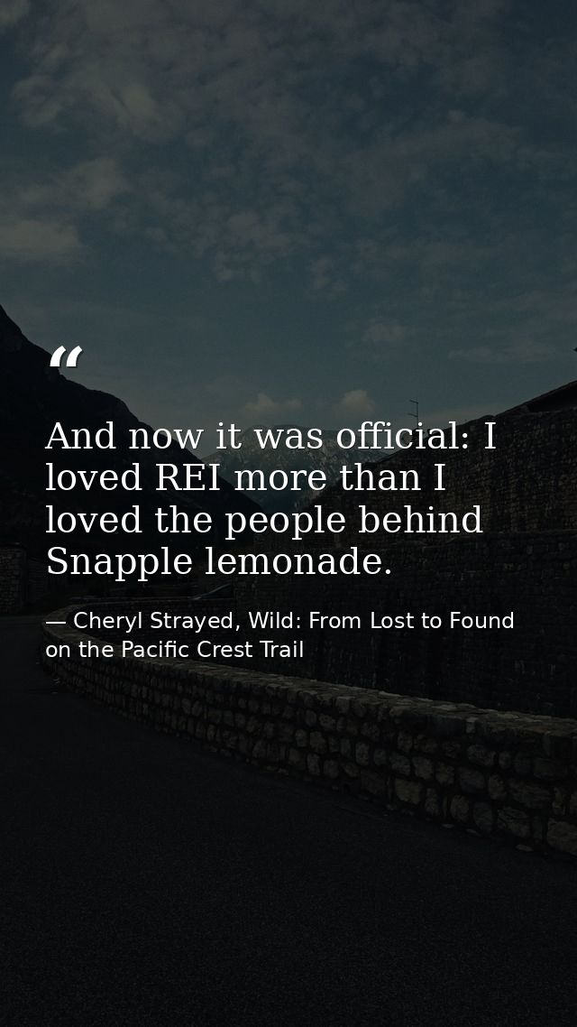 And now it was official: I loved REI more than I loved the people behind Snapple lemonade. — Cheryl Strayed, Wild: From Lost to Found on the Pacific Crest Trail