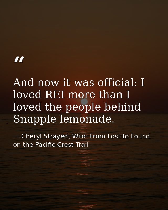 And now it was official: I loved REI more than I loved the people behind Snapple lemonade. — Cheryl Strayed, Wild: From Lost to Found on the Pacific Crest Trail