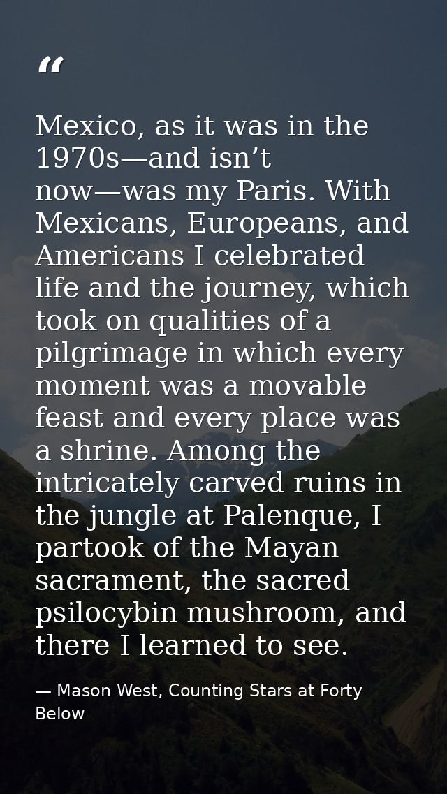 Mexico, as it was in the 1970s—and isn’t now—was my Paris. With Mexicans, Europeans, and Americans I celebrated life and — Mason West, Counting Stars at Forty Below