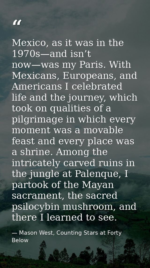 Mexico, as it was in the 1970s—and isn’t now—was my Paris. With Mexicans, Europeans, and Americans I celebrated life and — Mason West, Counting Stars at Forty Below
