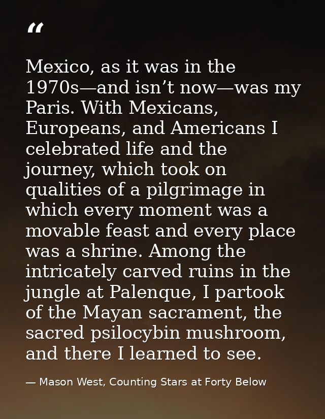 Mexico, as it was in the 1970s—and isn’t now—was my Paris. With Mexicans, Europeans, and Americans I celebrated life and — Mason West, Counting Stars at Forty Below