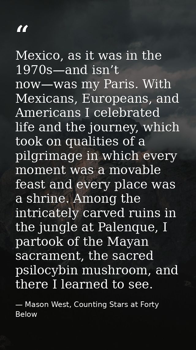 Mexico, as it was in the 1970s—and isn’t now—was my Paris. With Mexicans, Europeans, and Americans I celebrated life and — Mason West, Counting Stars at Forty Below