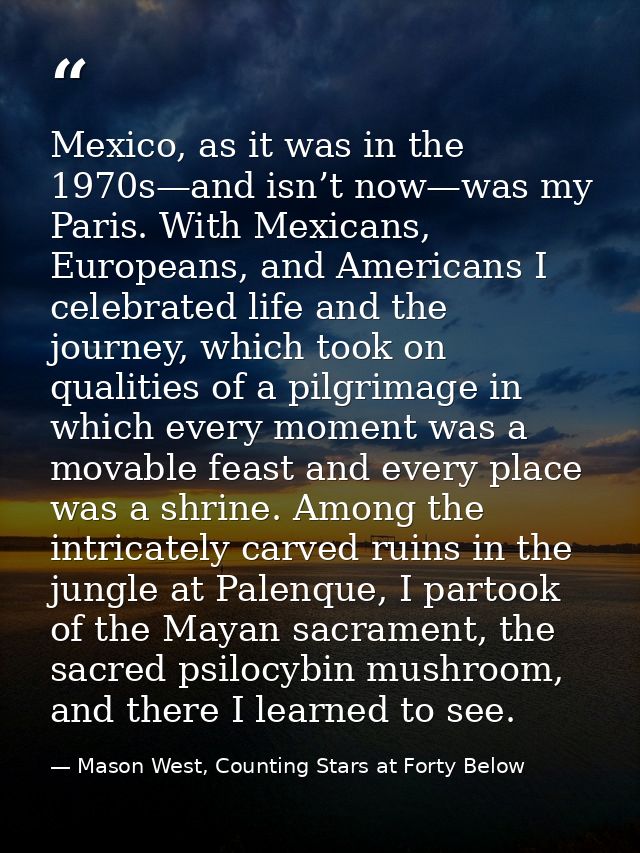 Mexico, as it was in the 1970s—and isn’t now—was my Paris. With Mexicans, Europeans, and Americans I celebrated life and — Mason West, Counting Stars at Forty Below