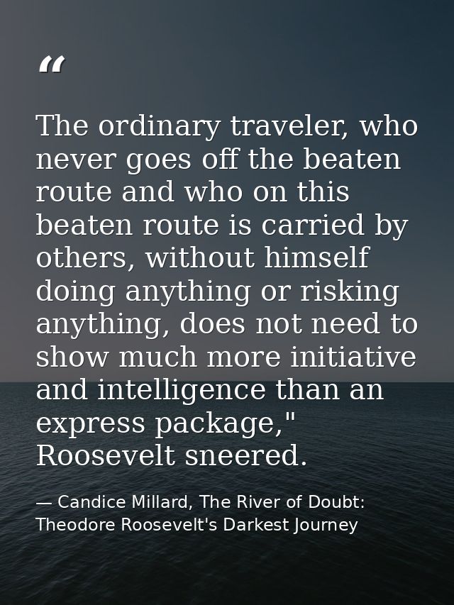 The ordinary traveler, who never goes off the beaten route and who on this beaten route is carried by others, without hi — Candice Millard, The River of Doubt: Theodore Roosevelt's Darkest Journey