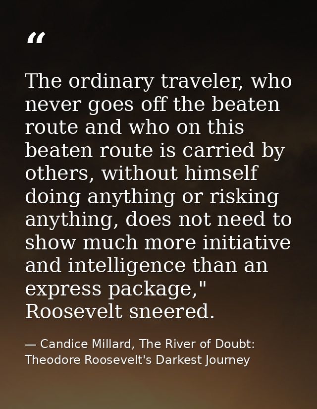 The ordinary traveler, who never goes off the beaten route and who on this beaten route is carried by others, without hi — Candice Millard, The River of Doubt: Theodore Roosevelt's Darkest Journey
