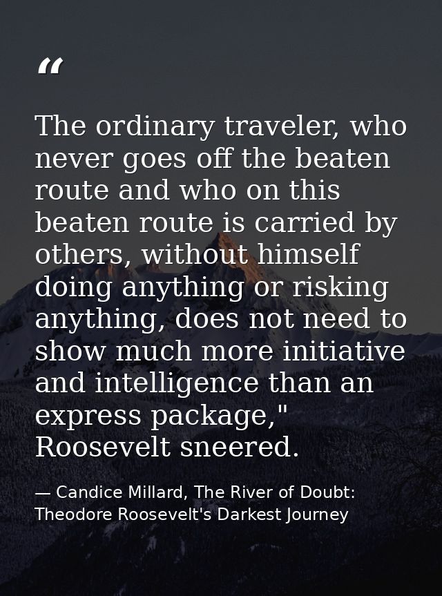 The ordinary traveler, who never goes off the beaten route and who on this beaten route is carried by others, without hi — Candice Millard, The River of Doubt: Theodore Roosevelt's Darkest Journey