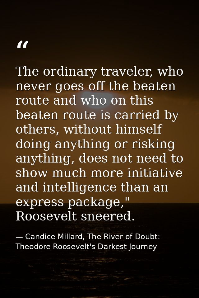 The ordinary traveler, who never goes off the beaten route and who on this beaten route is carried by others, without hi — Candice Millard, The River of Doubt: Theodore Roosevelt's Darkest Journey