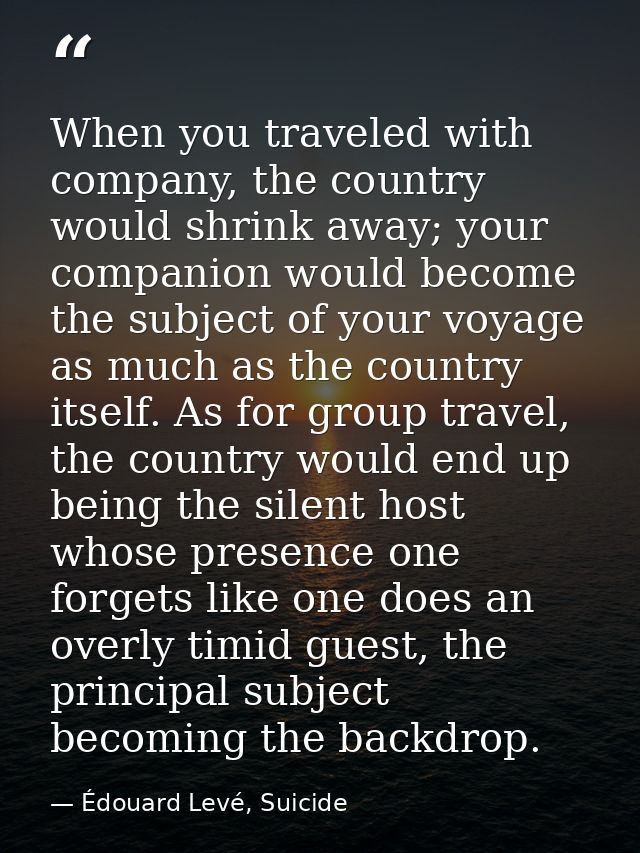When you traveled with company, the country would shrink away; your companion would become the subject of your voyage as — Édouard Levé, Suicide