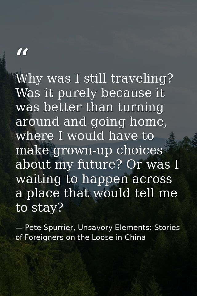 Why was I still traveling? Was it purely because it was better than turning around and going home, where I would have to — Pete Spurrier, Unsavory Elements: Stories of Foreigners on the Loose in China