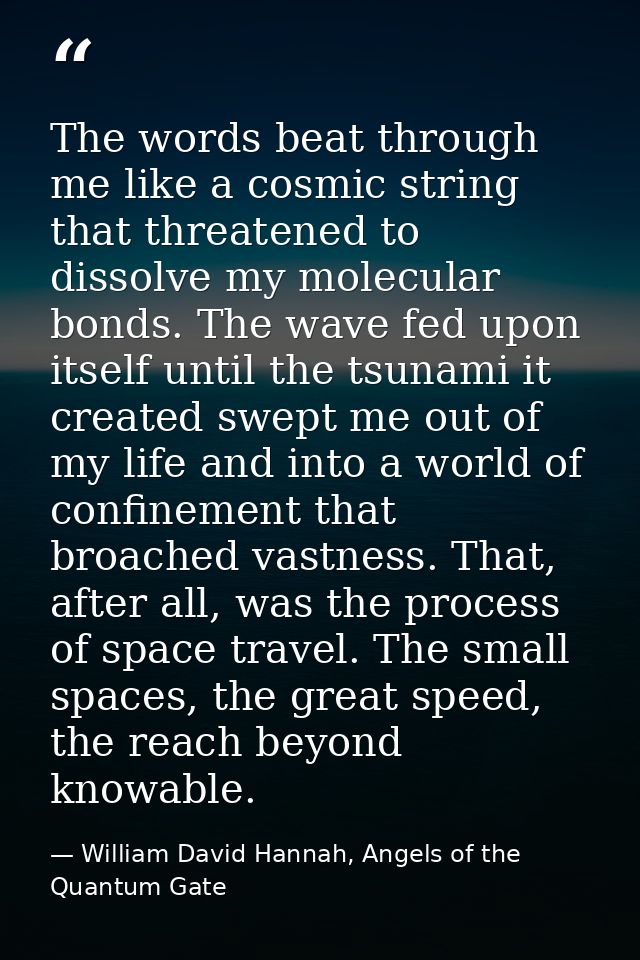 The words beat through me like a cosmic string that threatened to dissolve my molecular bonds. The wave fed upon itself  — William David Hannah, Angels of the Quantum Gate