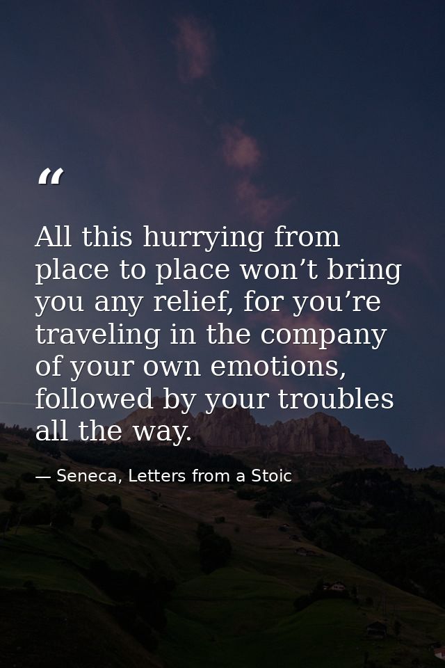All this hurrying from place to place won’t bring you any relief, for you’re traveling in the company of your own emotio — Seneca, Letters from a Stoic