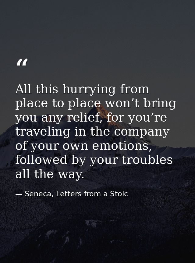 All this hurrying from place to place won’t bring you any relief, for you’re traveling in the company of your own emotio — Seneca, Letters from a Stoic