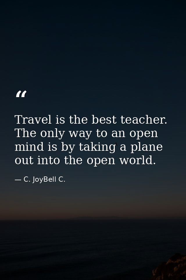 Travel is the best teacher. The only way to an open mind is by taking a plane out into the open world. — C. JoyBell C.