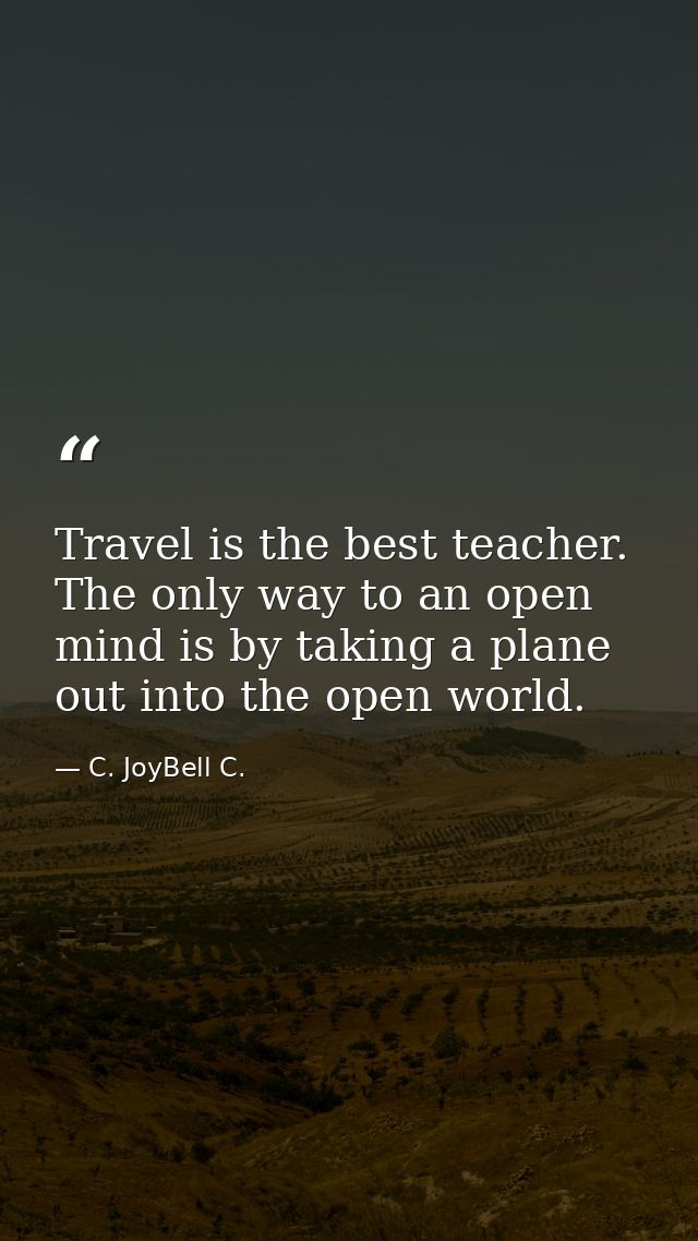 Travel is the best teacher. The only way to an open mind is by taking a plane out into the open world. — C. JoyBell C.