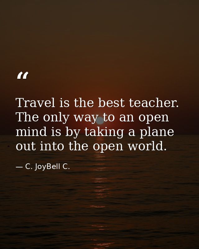 Travel is the best teacher. The only way to an open mind is by taking a plane out into the open world. — C. JoyBell C.