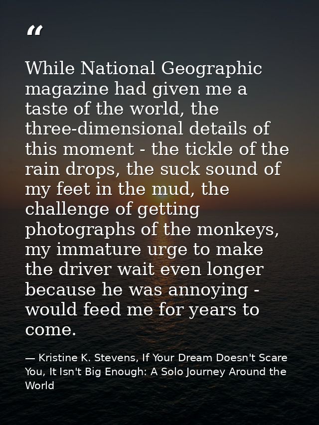 While National Geographic magazine had given me a taste of the world, the three-dimensional details of this moment - the — Kristine K. Stevens, If Your Dream Doesn't Scare You, It Isn't Big Enough: A Solo Journey Around the World