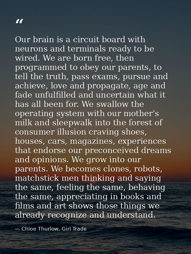 Our brain is a circuit board with neurons and terminals ready to be wired. We are born free, then programmed to obey our — Chloe Thurlow, Girl Trade