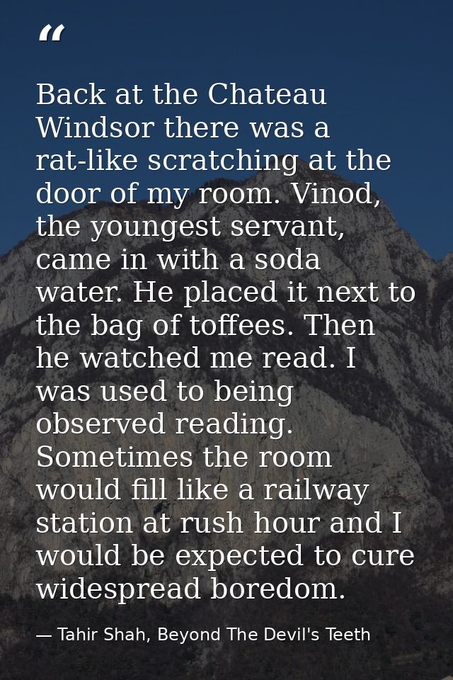 Back at the Chateau Windsor there was a rat-like scratching at the door of my room. Vinod, the youngest servant, came in — Tahir Shah, Beyond The Devil's Teeth