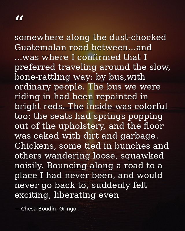 somewhere along the dust-chocked Guatemalan road between...and ...was where I confirmed that I preferred traveling aroun — Chesa Boudin, Gringo