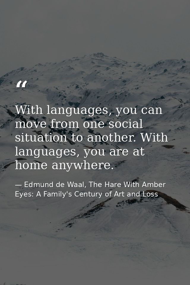 With languages, you can move from one social situation to another. With languages, you are at home anywhere. — Edmund de Waal, The Hare With Amber Eyes: A Family's Century of Art and Loss