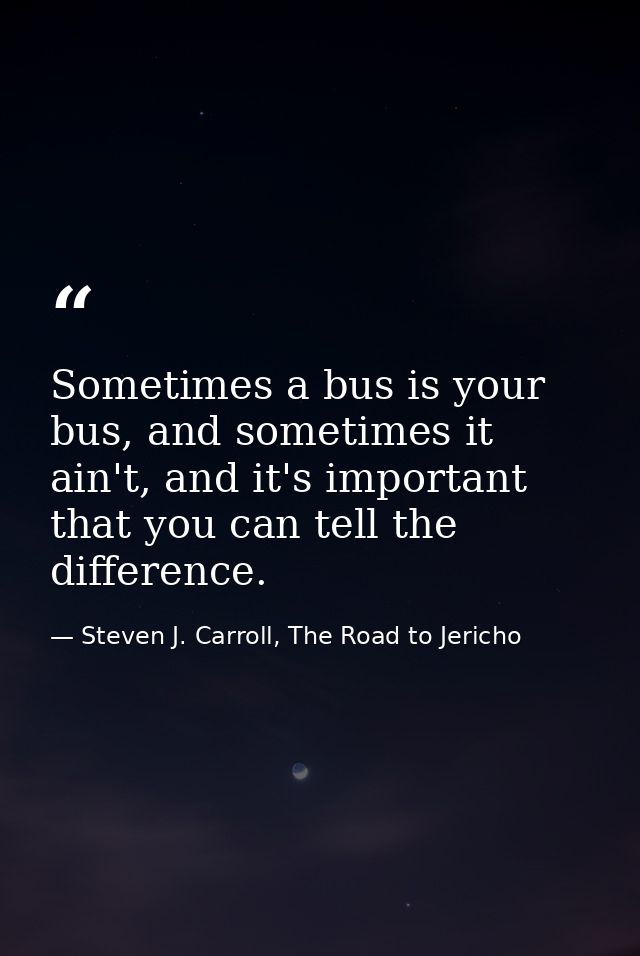 Sometimes a bus is your bus, and sometimes it ain't, and it's important that you can tell the difference. — Steven J. Carroll, The Road to Jericho