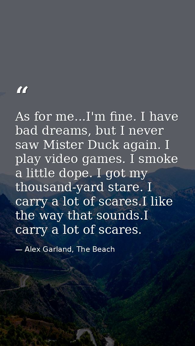 As for me...I'm fine. I have bad dreams, but I never saw Mister Duck again. I play video games. I smoke a little dope. I — Alex Garland, The Beach