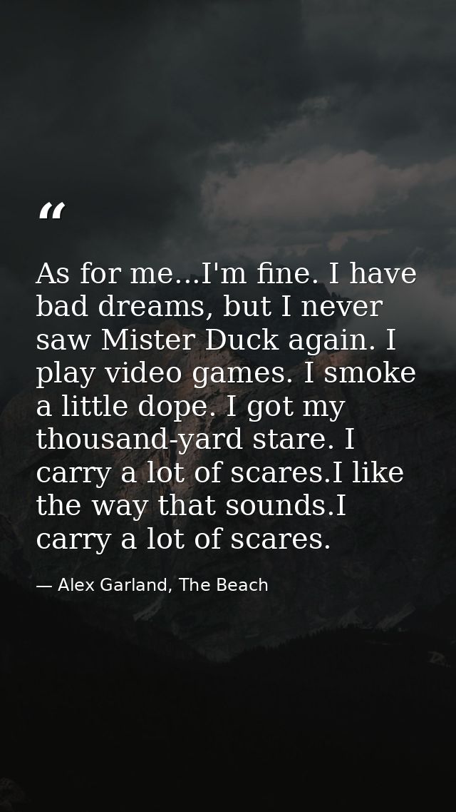 As for me...I'm fine. I have bad dreams, but I never saw Mister Duck again. I play video games. I smoke a little dope. I — Alex Garland, The Beach