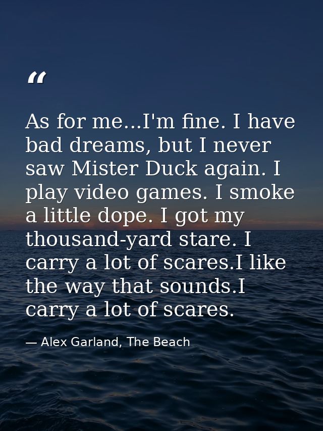 As for me...I'm fine. I have bad dreams, but I never saw Mister Duck again. I play video games. I smoke a little dope. I — Alex Garland, The Beach