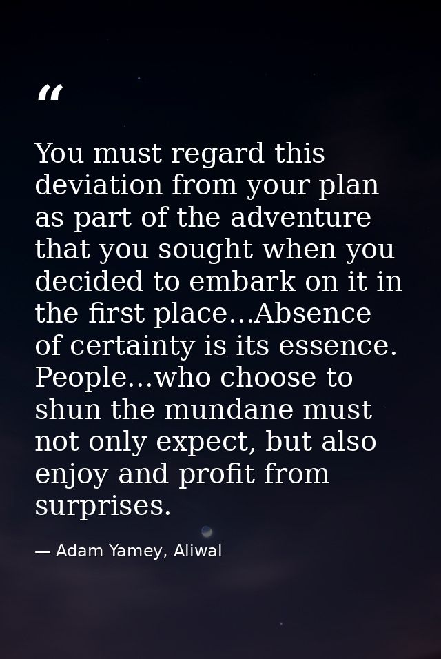 You must regard this deviation from your plan as part of the adventure that you sought when you decided to embark on it  — Adam Yamey, Aliwal